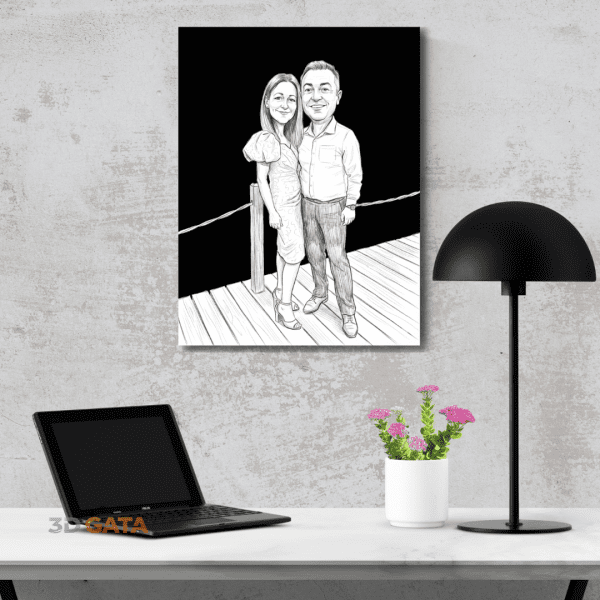 fotografie-3d-personalizata-caricatura-cuplu-birou Fotografie 3D personalizată tip caricatură de cuplu pentru decor birou cu laptop