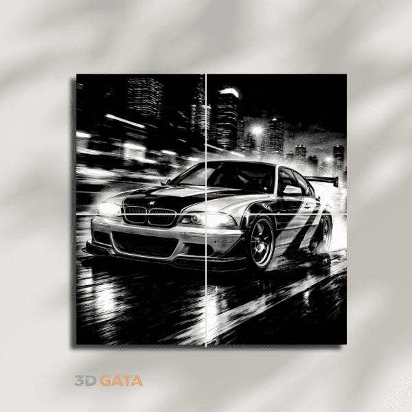 tablou-3d-personalizat-bmw-gtr-e46-ploaie tablou modular personalizat cu BMW GTR E46 în ploaie, peisaj urban noaptea.