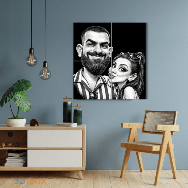 tablou-3d-personalizat-caricatura-cuplu-living Tablou 3D personalizat tip caricatură cuplu, decor modern living