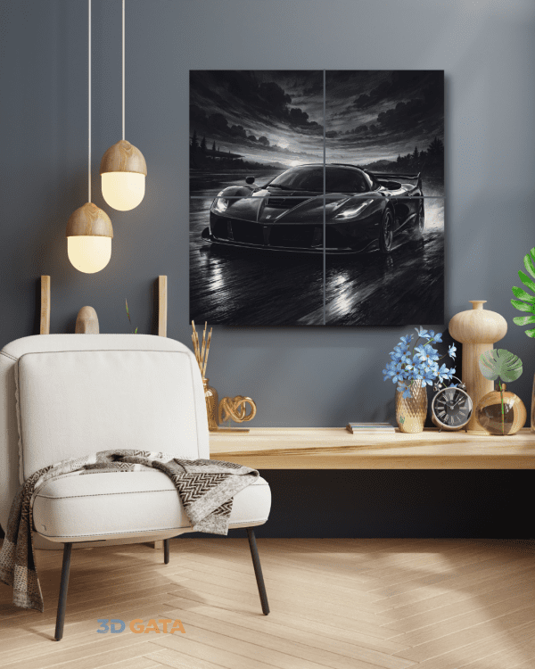 tablou-3d-personalizat-masina-sport-neagra Tablou 3D personalizat cu mașină sport neagră pentru decor birou.