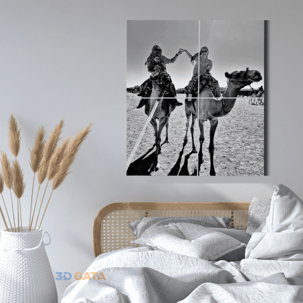 tablou-3d-personalizat-vacanta-familie-camile Tablou 3D personalizat cu amintiri din vacanță, familie pe cămile în deșert.